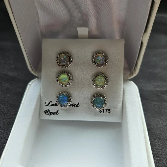 Opal Silver Stud Earrings Set - Picture 6 of 7